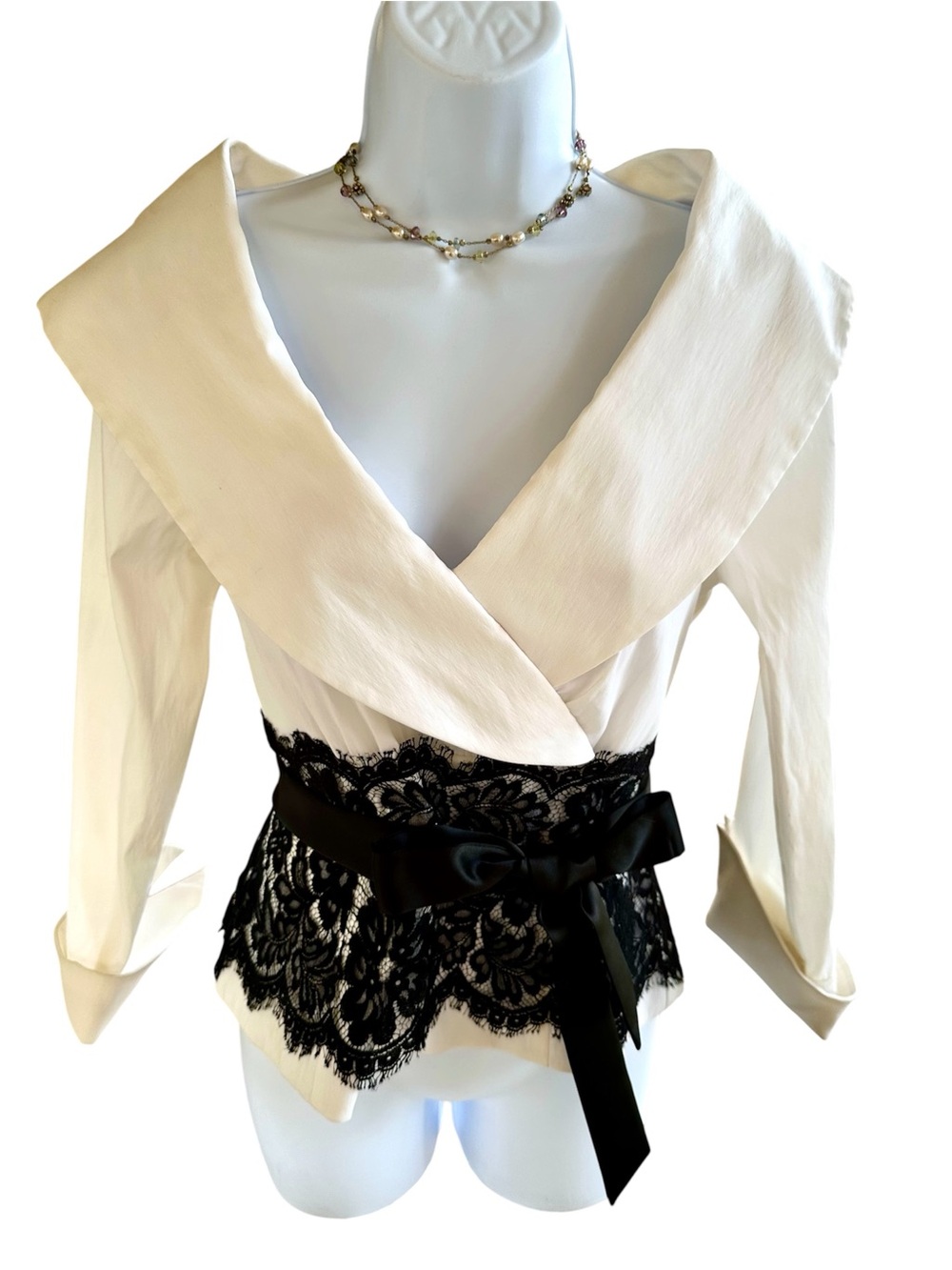 Xscape White Wrap Blouse with Black Lace Waist and Satin Bow